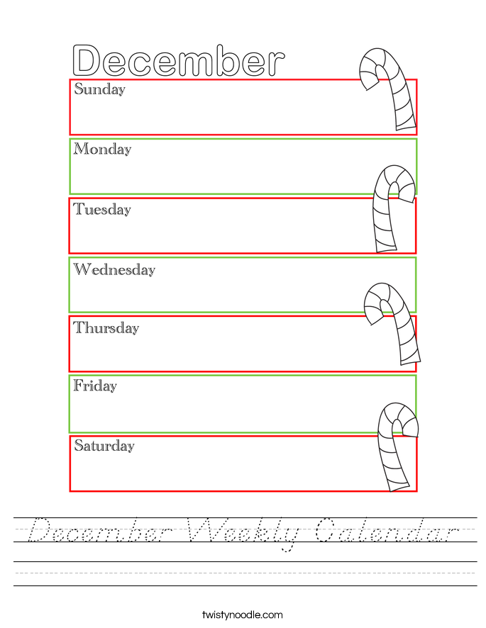 December Weekly Calendar Worksheet