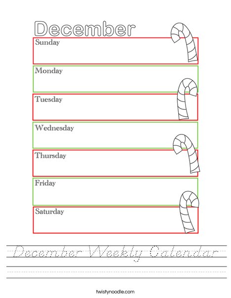 December Weekly Calendar Worksheet
