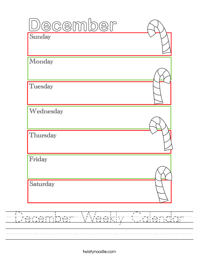 December Weekly Calendar Worksheet