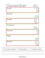December Weekly Calendar Handwriting Sheet