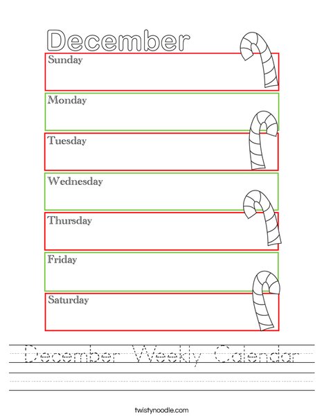 December Weekly Calendar Worksheet Twisty Noodle December Weekly Calendar Worksheet Twisty Noodle