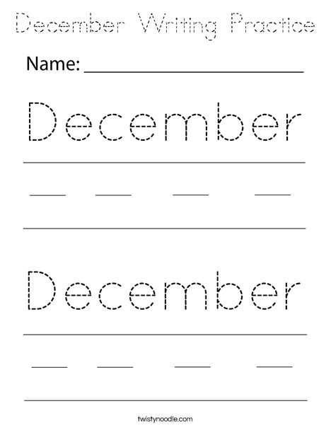 December Writing Practice Coloring Page
