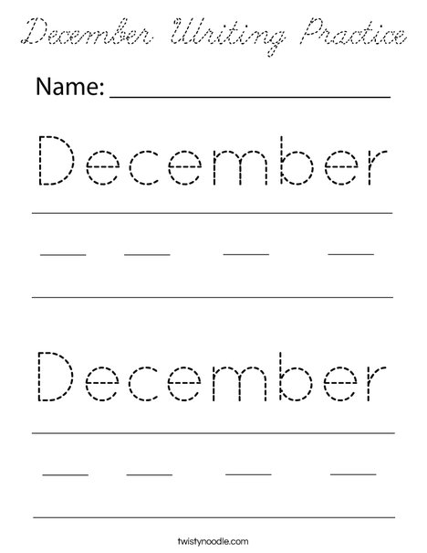 December Writing Practice Coloring Page