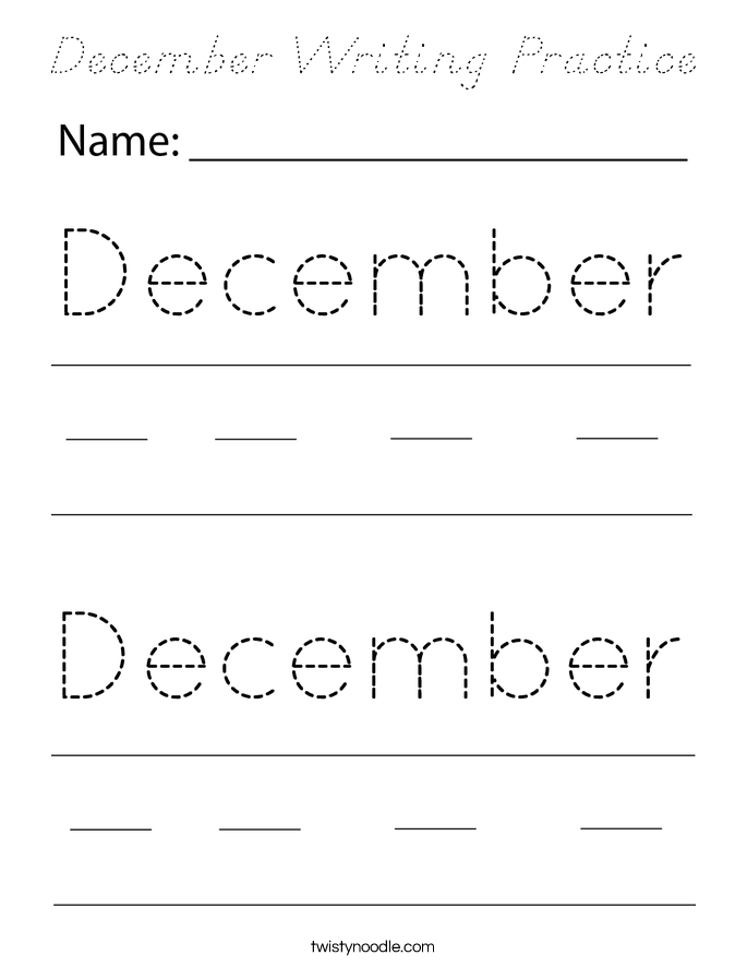 December Writing Practice Coloring Page