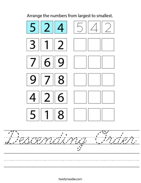 Descending Order Worksheet