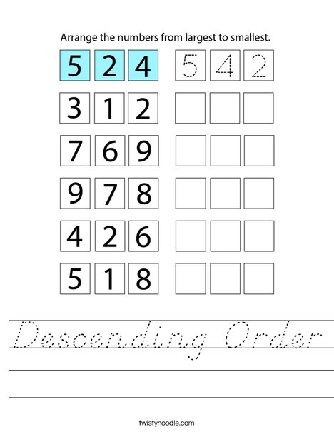 Descending Order Worksheet