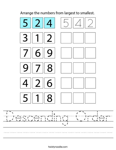 Descending Order Worksheet