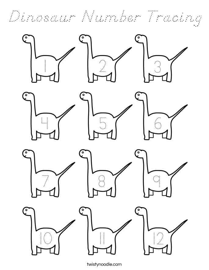 Dinosaur Number Tracing Coloring Page - D'Nealian - Twisty Noodle