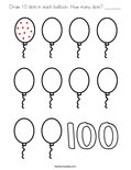 Draw 10 dots in each balloon. How many dots? _______ Coloring Page