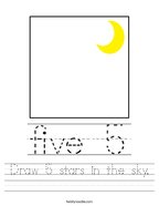worksheet for kindergarten number 5 Draw 5 stars in the sky Handwriting Sheet