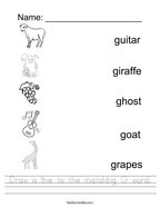 Draw a line to the matching G word Handwriting Sheet