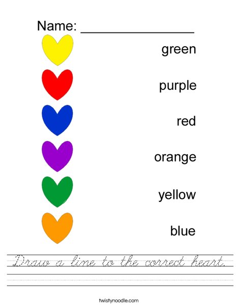 Draw a line to the correct color- heart Worksheet