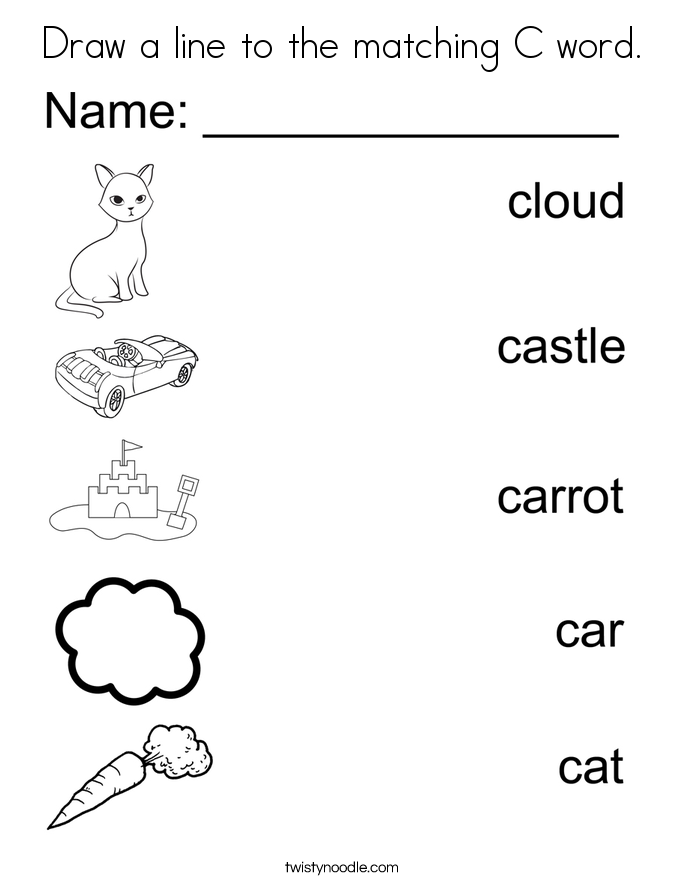 Draw a line to the matching C word. Coloring Page