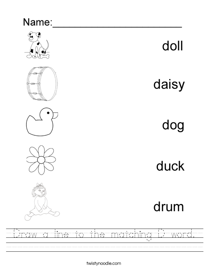 draw a line to the matching d word worksheet twisty noodle