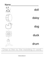 Draw a line to the matching D word Handwriting Sheet