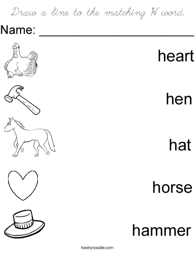 draw a line to the matching h word coloring page cursive