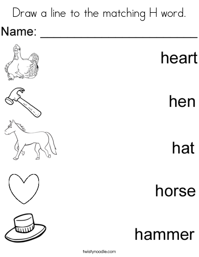 Draw a line to the matching H word. Coloring Page