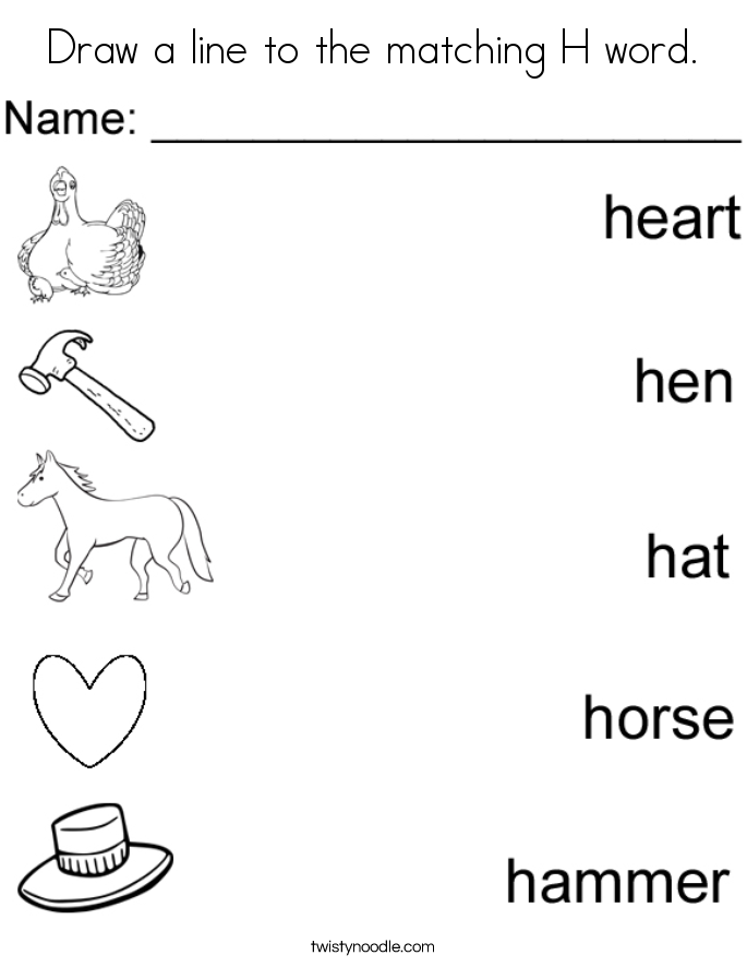 draw a line to the matching h word coloring page twisty
