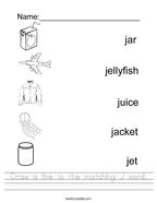 Draw a line to the matching J word Handwriting Sheet