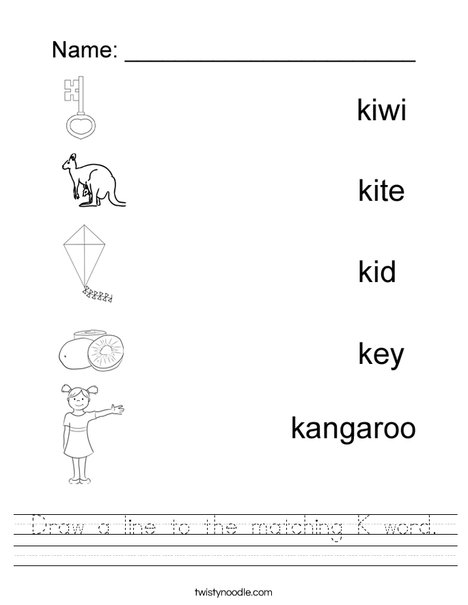draw a line to the matching k word worksheet twisty noodle