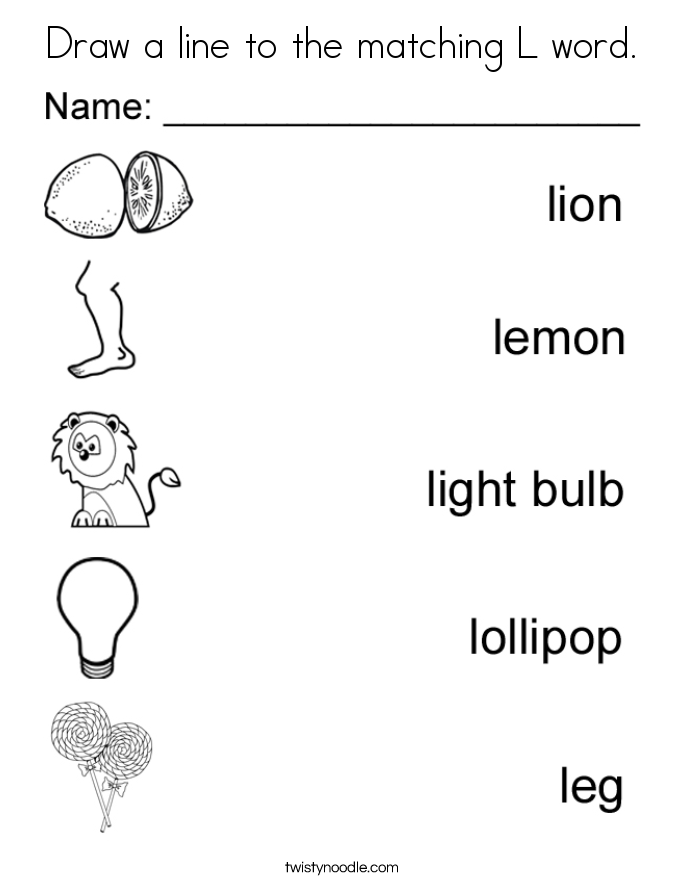 Draw a line to the matching L word. Coloring Page