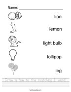 Draw a line to the matching L word Handwriting Sheet