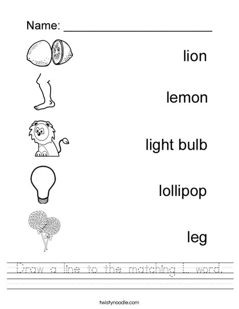 Draw a line to the matching L word Worksheet - Twisty Noodle