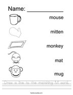 Draw a line to the matching M word Handwriting Sheet