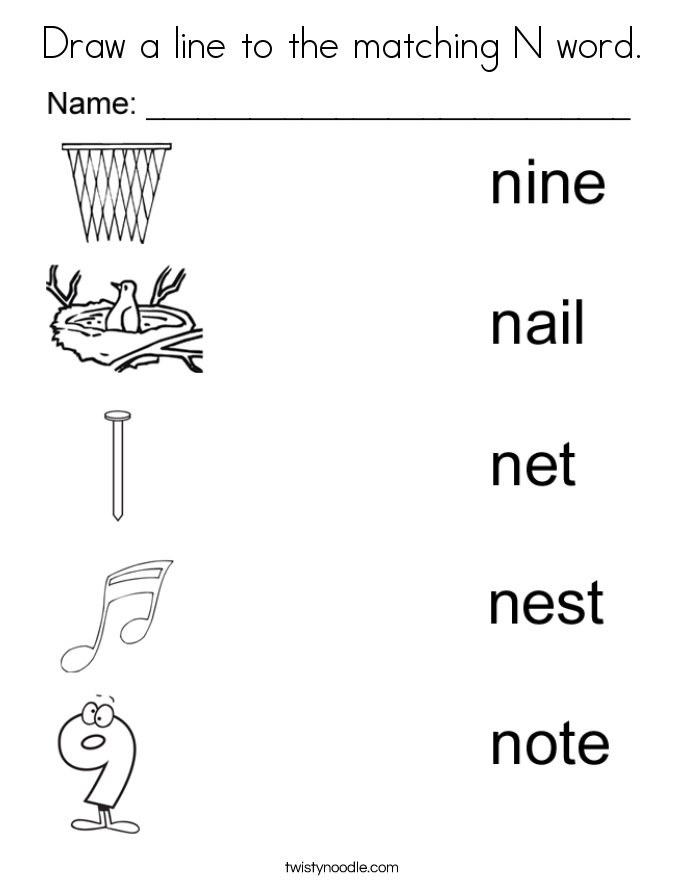 Draw a line to the matching N word. Coloring Page