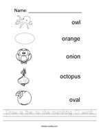 Draw a line to the matching O word Handwriting Sheet