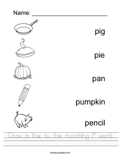 draw a line to the matching p word worksheet twisty noodle