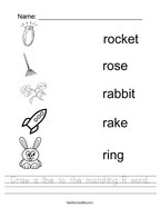 Draw a line to the matching R word Handwriting Sheet