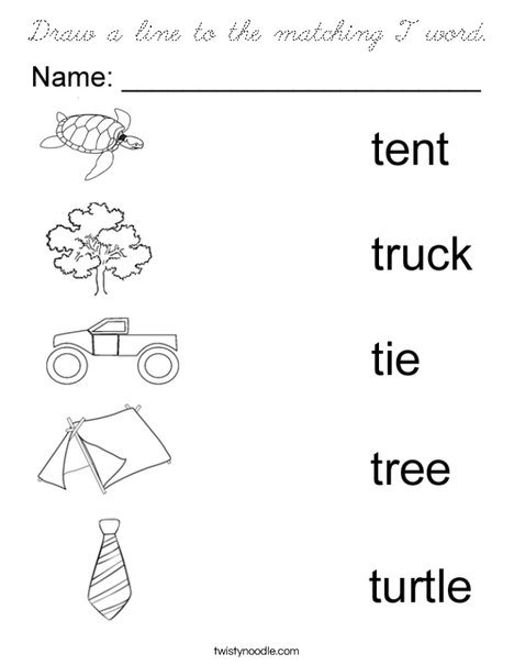 Draw a line to the matching T word. Coloring Page