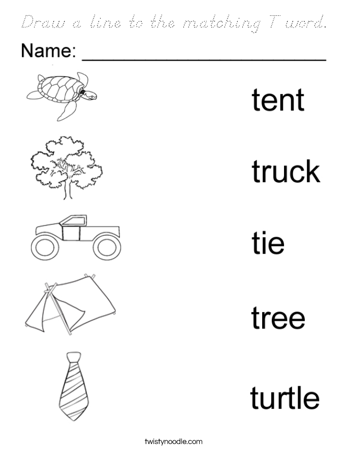 Draw a line to the matching T word. Coloring Page
