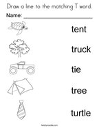 Draw a line to the matching T word Coloring Page