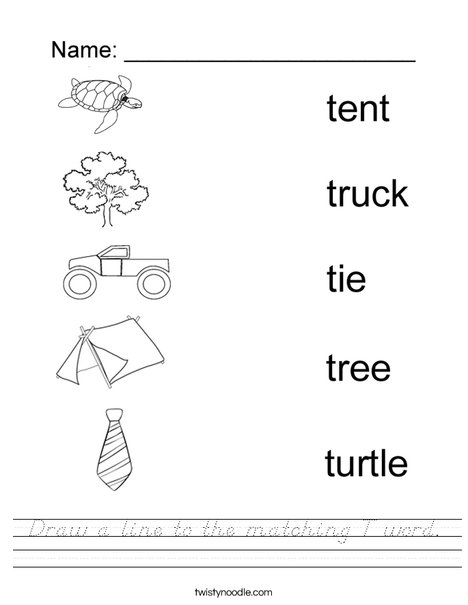 Draw a line to the matching T word Worksheet - D'Nealian - Twisty Noodle