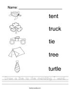 Draw a line to the matching T word Handwriting Sheet