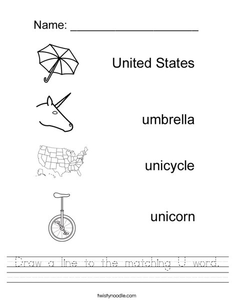 Draw a line to the matching U word Worksheet