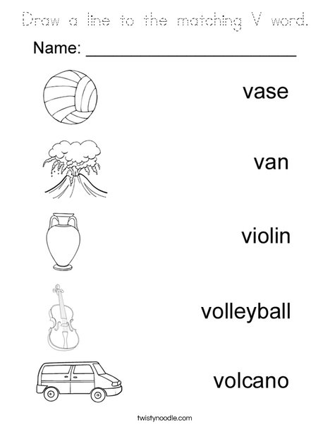 Draw a line to the matching V word. Coloring Page