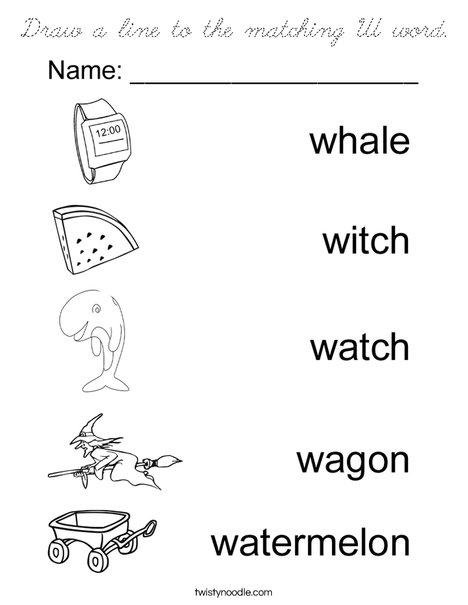 Draw a line to the matching W word. Coloring Page