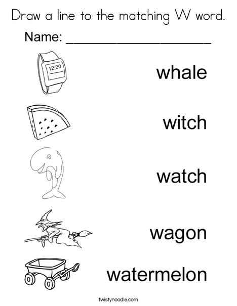 Draw a line to the matching W word. Coloring Page