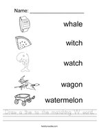Draw a line to the matching W word Handwriting Sheet