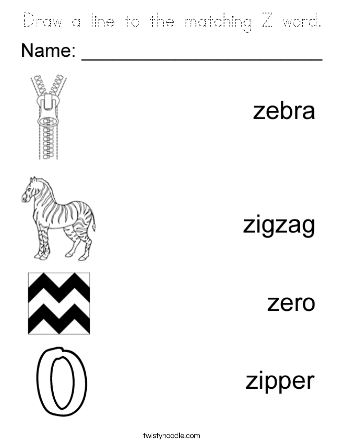 Draw a line to the matching Z word. Coloring Page
