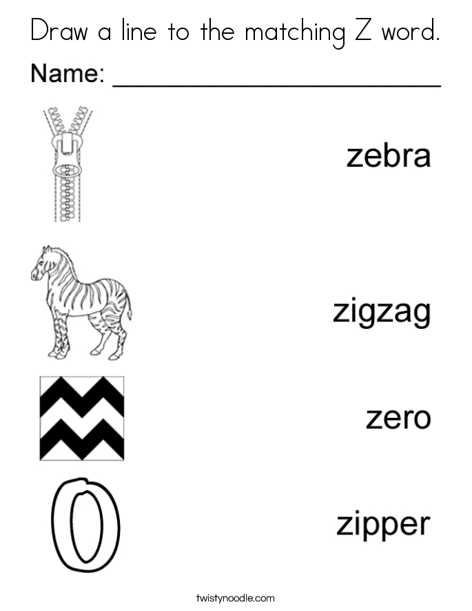Draw a line to the matching Z word. Coloring Page