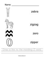 Draw a line to the matching Z word Handwriting Sheet