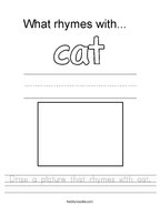 Draw a picture that rhymes with cat Handwriting Sheet