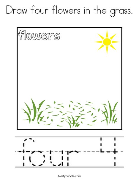 Draw four flowers in the grass. Coloring Page