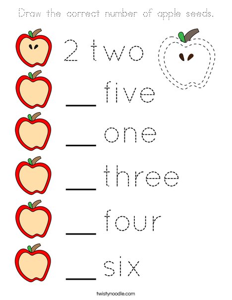Draw the correct number of apple seeds. Coloring Page