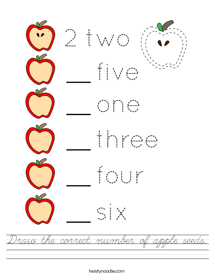 Draw the correct number of apple seeds. Worksheet