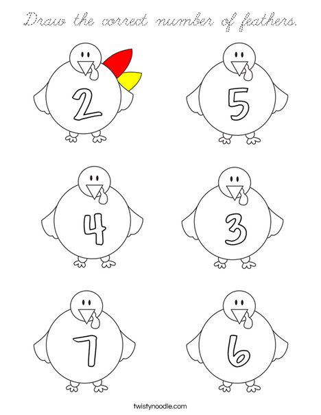 Draw the correct number of feathers. Coloring Page